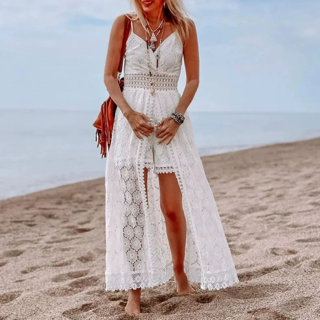 White Hollow Out Lace Strapless Split Midi Boho Dress