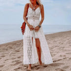 White Hollow Out Lace Strapless Split Midi Boho Dress