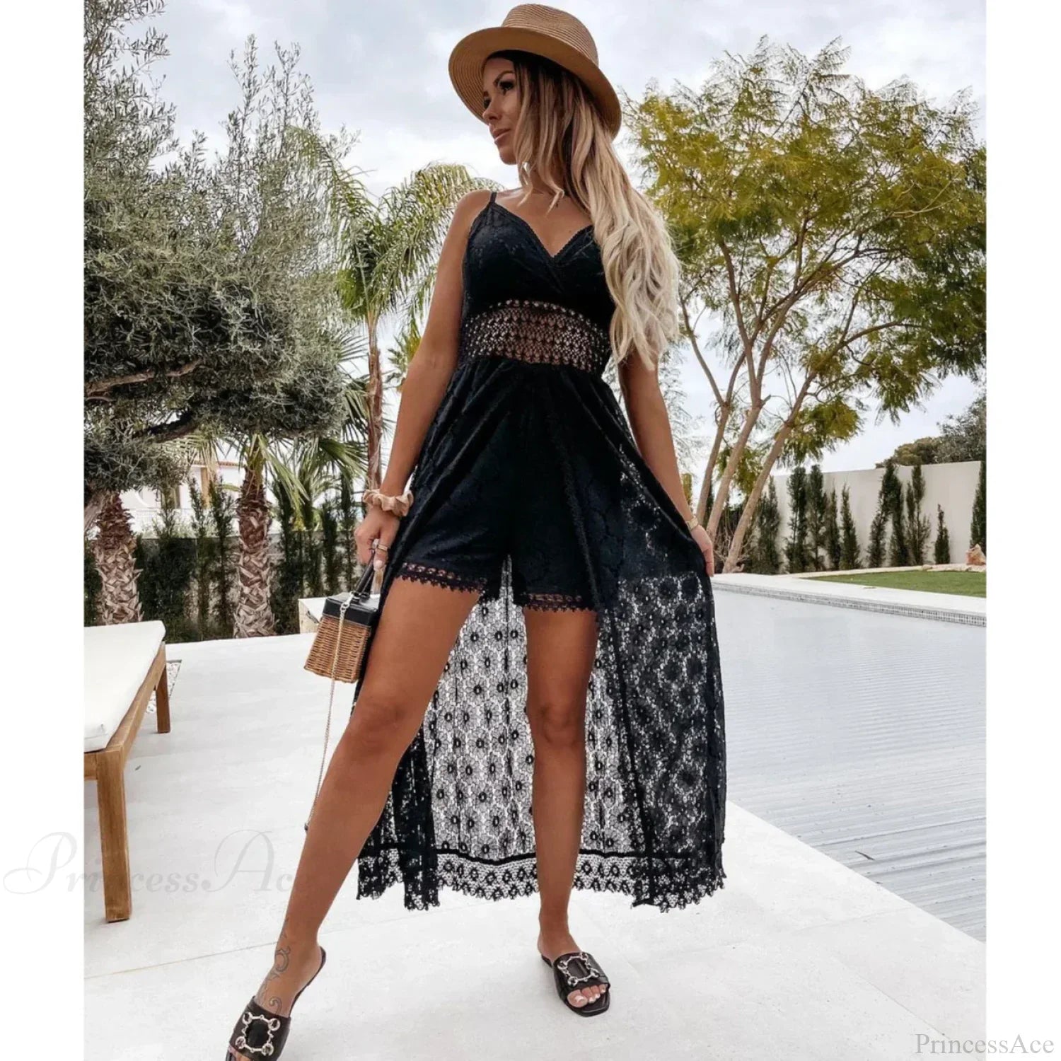 White Hollow Out Lace Strapless Split Midi Boho Dress