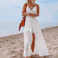 White Hollow Out Lace Strapless Split Midi Boho Dress