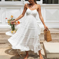 White Hollow Out Strapless Split Sleeveless Maxi Boho Dress