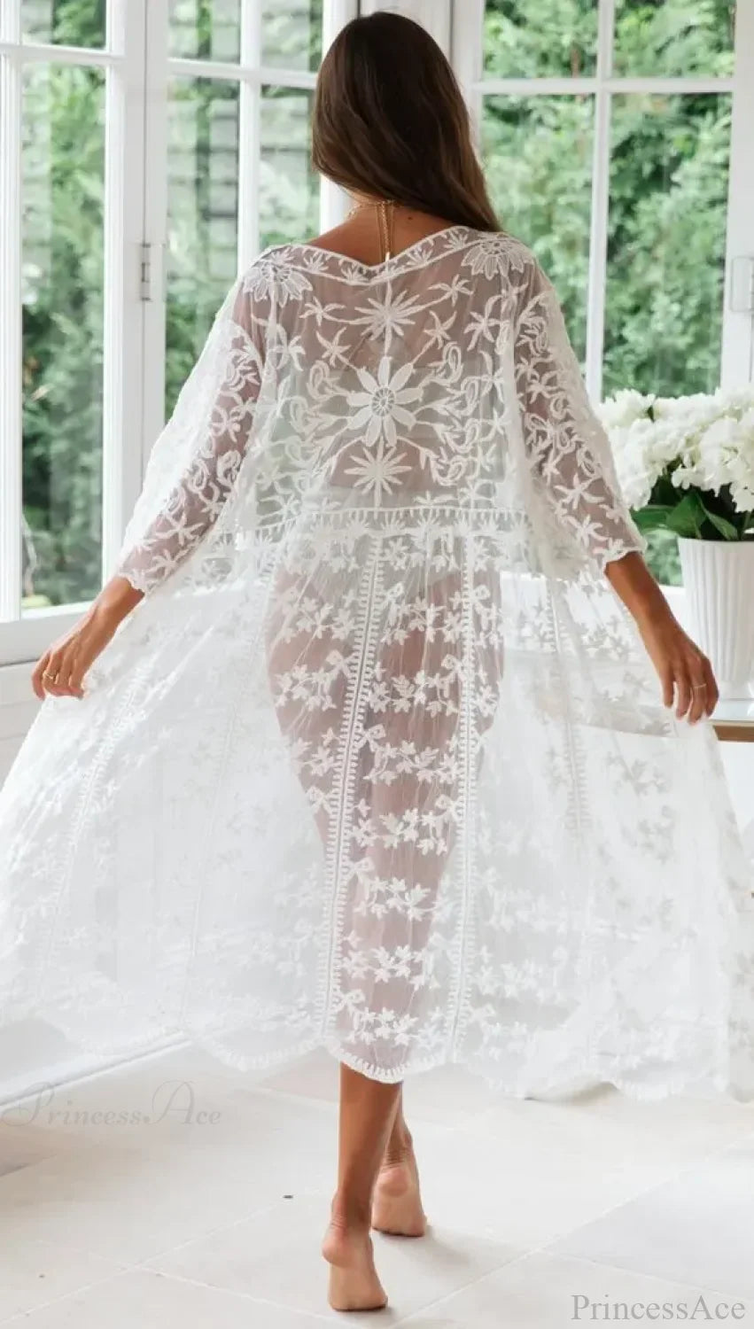 White Lace Cardigan Boho Bikini Cover Up See-Through