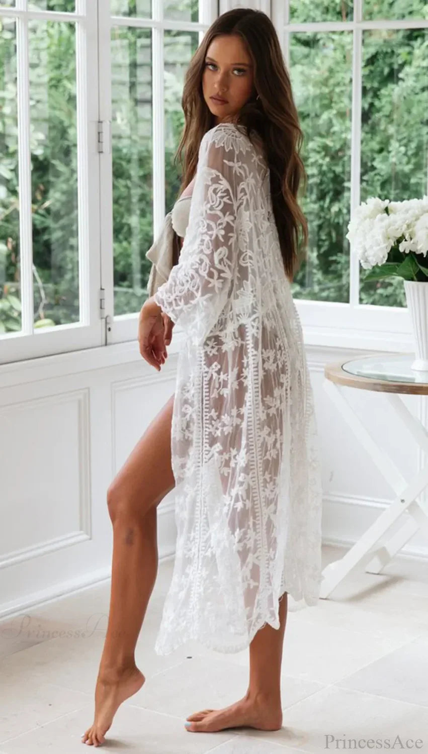 White Lace Cardigan Boho Bikini Cover Up See-Through