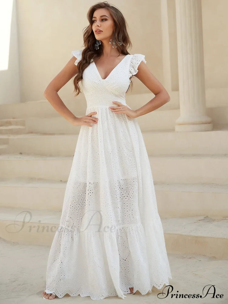 White Lace Dress With Backless Flounce Hem