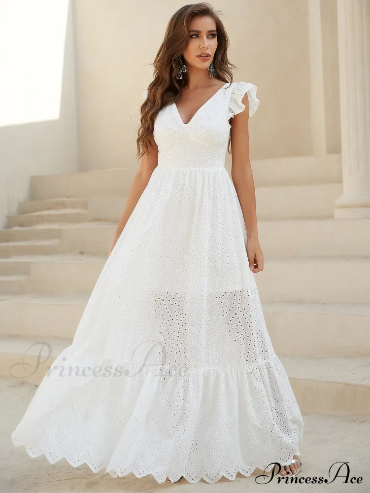 White Lace Dress With Backless Flounce Hem