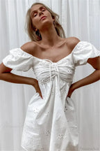 White Lace Embroidery V-Neck Cotton Wrist Mini Boho Dress