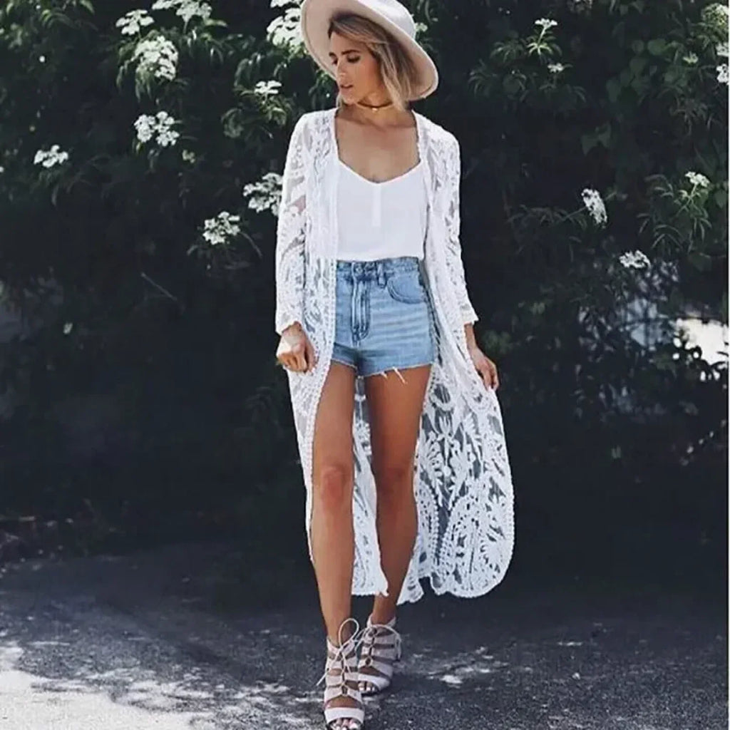White Lace Kimono Boho Bikini Cover Up