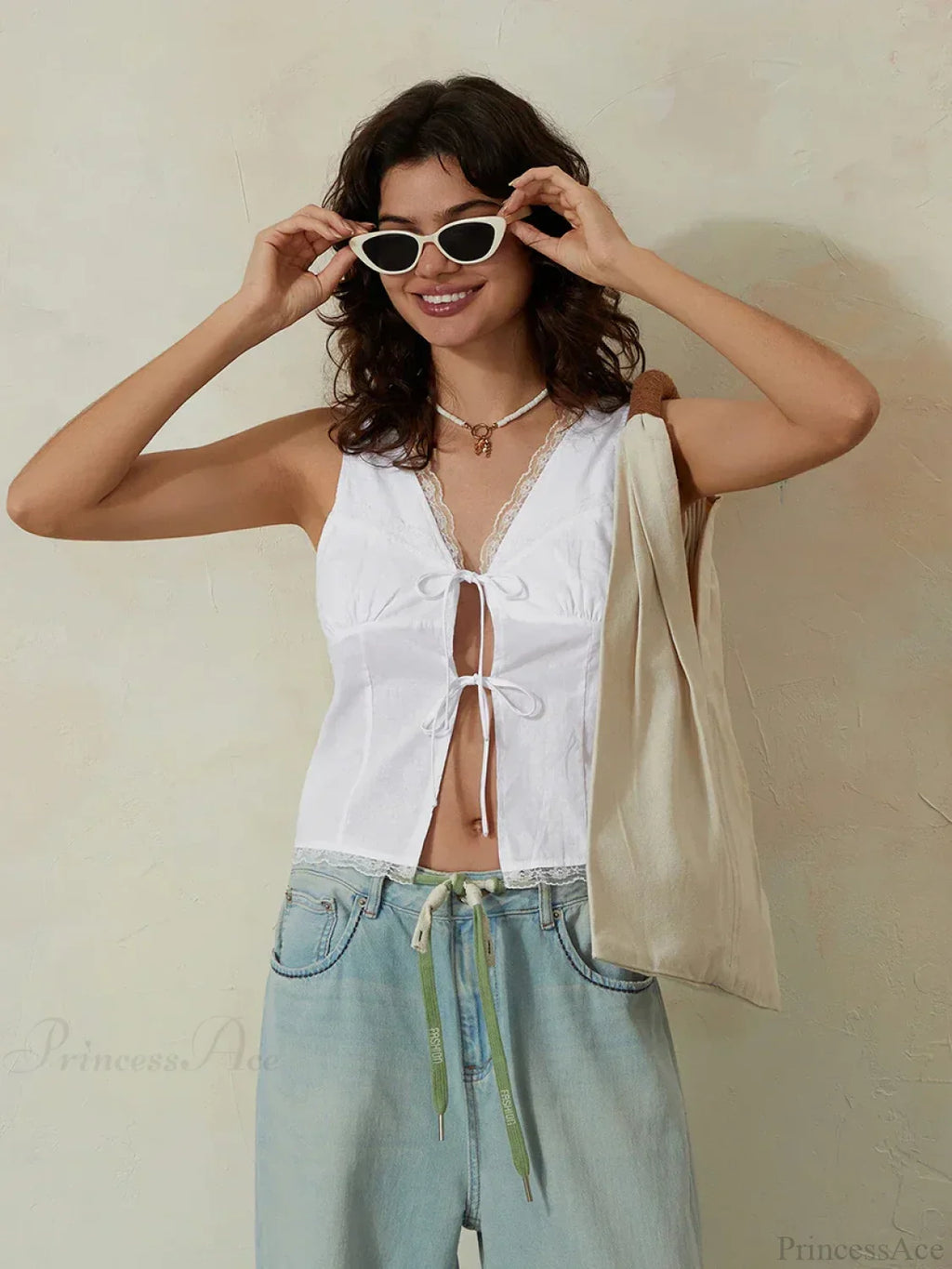 White Lace Tie-Front V-Neck Slim Sleeveless Crop Top