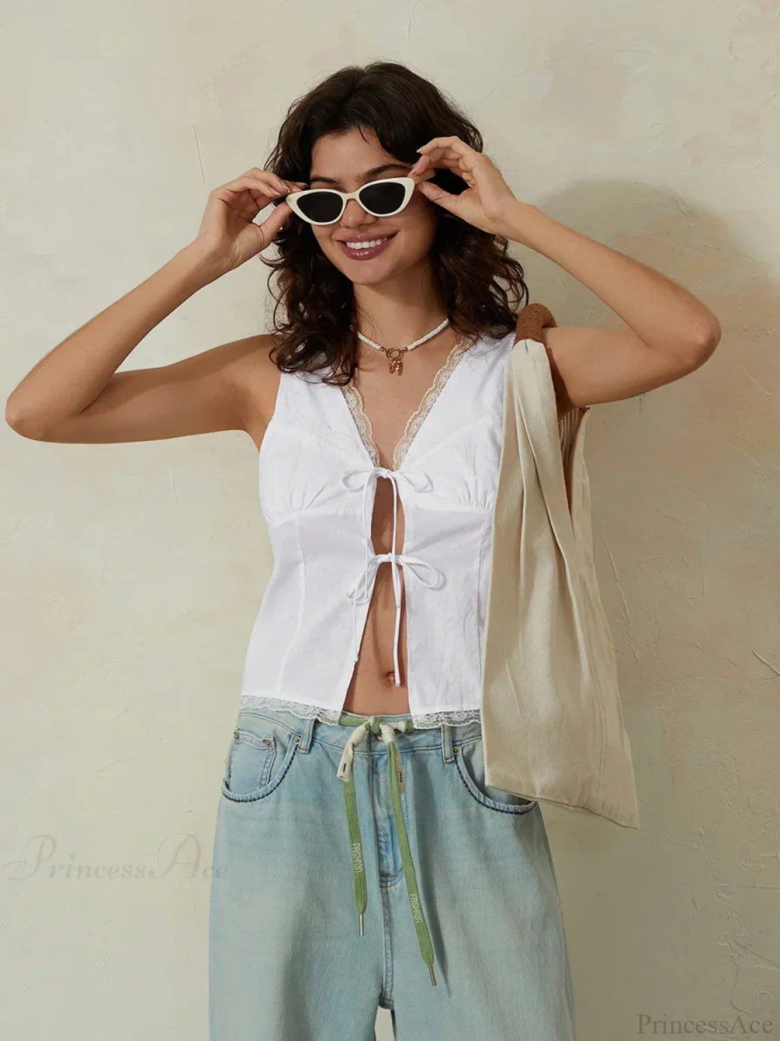 White Lace Tie-Front V-Neck Slim Sleeveless Crop Top