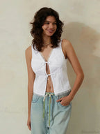 White Lace Tie-Front V-Neck Slim Sleeveless Crop Top