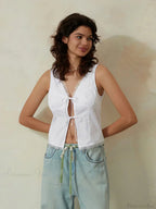 White Lace Tie-Front V-Neck Slim Sleeveless Crop Top