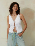 White Lace Tie-Front V-Neck Slim Sleeveless Crop Top