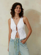 White Lace Tie-Front V-Neck Slim Sleeveless Crop Top