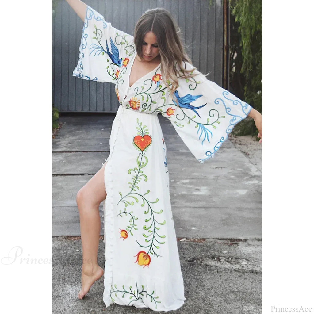 White Maxi Dress Cotton Floral Embroidery V-Neck Beach