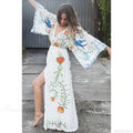 White Maxi Dress Cotton Floral Embroidery V-Neck Beach