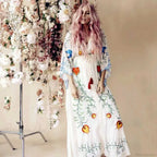 White Maxi Dress Cotton Floral Embroidery V-Neck Beach