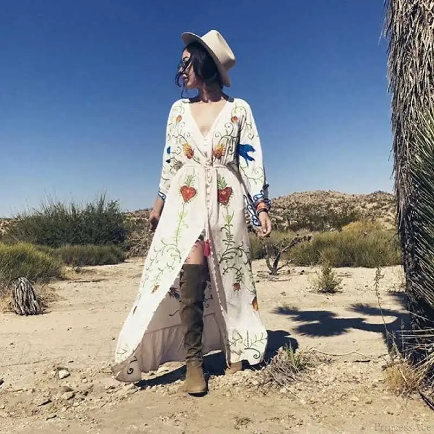 White Maxi Dress Cotton Floral Embroidery V-Neck Beach