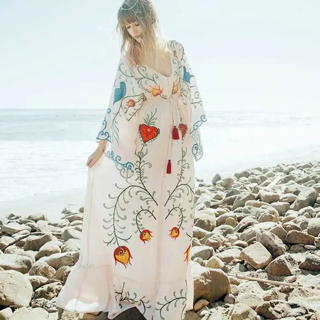 White Maxi Dress Cotton Floral Embroidery V-Neck Beach