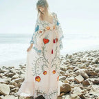 White Maxi Dress Cotton Floral Embroidery V-Neck Beach