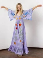 White Maxi Dress Cotton Floral Embroidery V-Neck Beach
