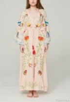 White Maxi Dress Cotton Floral Embroidery V-Neck Beach