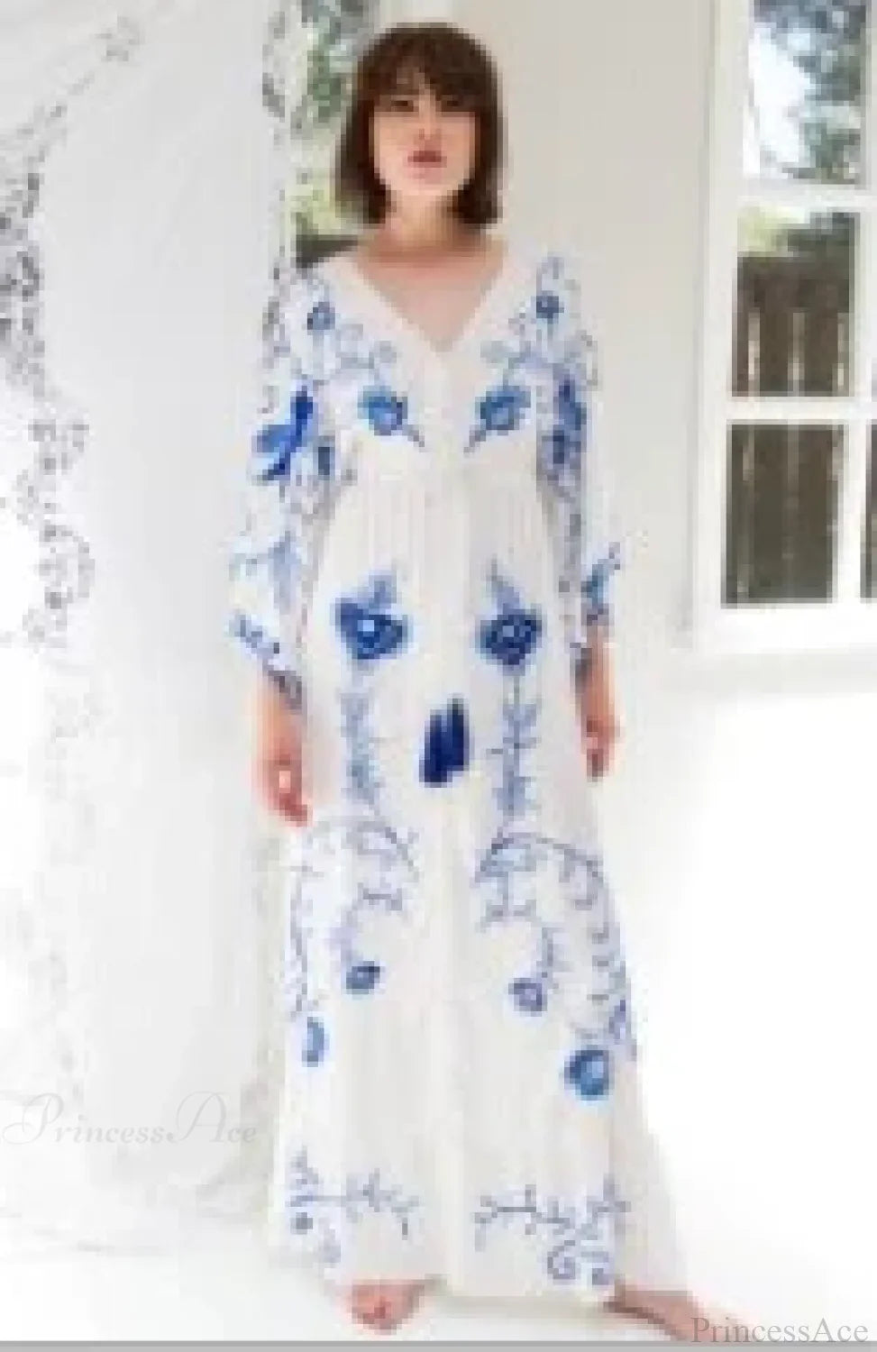 White Maxi Dress Cotton Floral Embroidery V-Neck Beach