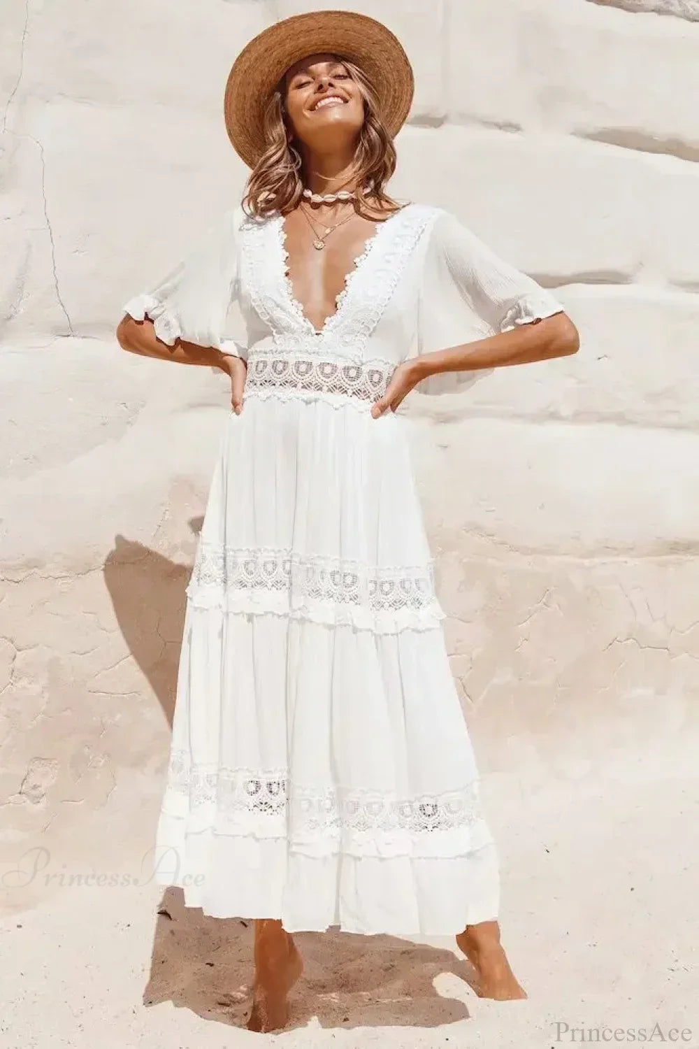 White Maxi Dress Hollow Waist Deep V-Neck