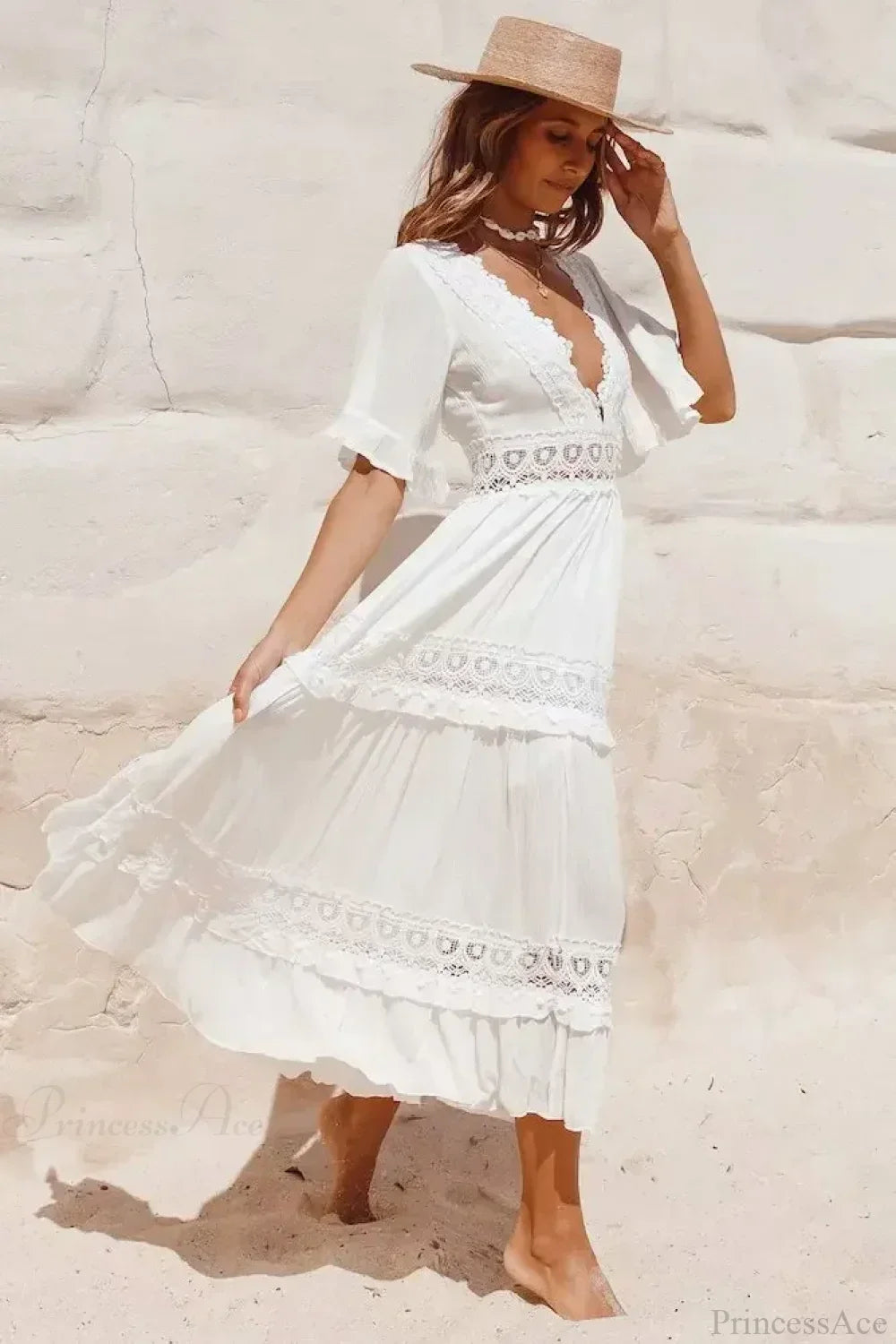 White Maxi Dress Hollow Waist Deep V-Neck