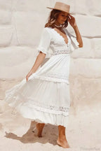 White Maxi Dress Hollow Waist Deep V-Neck
