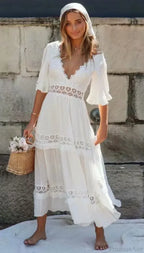 White Maxi Dress Hollow Waist Deep V-Neck