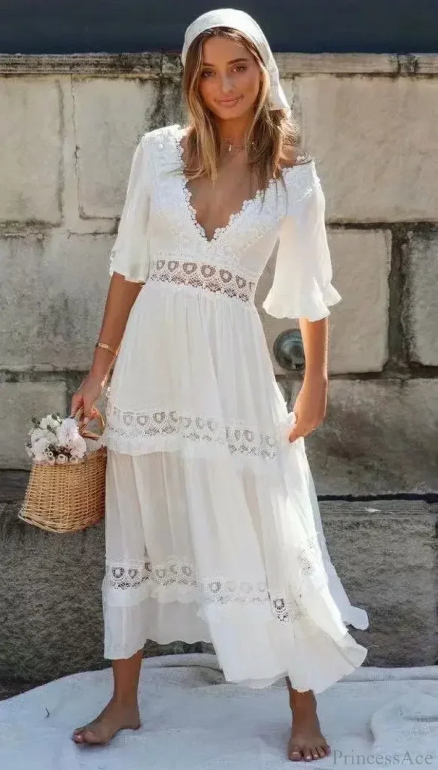 White Maxi Dress Hollow Waist Deep V-Neck