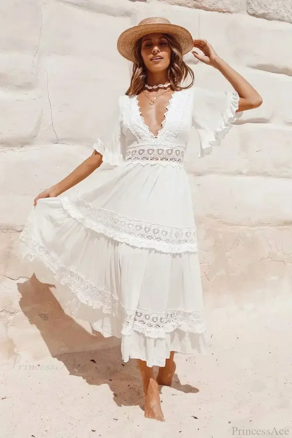 White Maxi Dress Hollow Waist Deep V-Neck