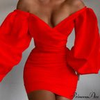 White Off Shoulder Puff Long Sleeve Satin Dress