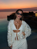 White Sequins Lace-Up Shirt Coat