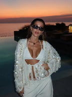 White Sequins Lace-Up Shirt Coat