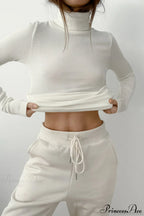 White Turtleneck Slim Knit Long Sleeve Tee