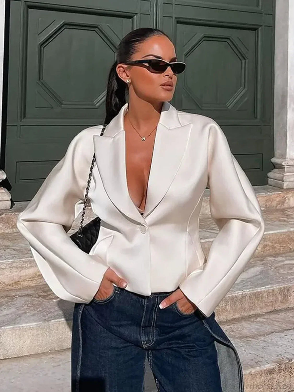 White V-Neck Blazer Short Coat