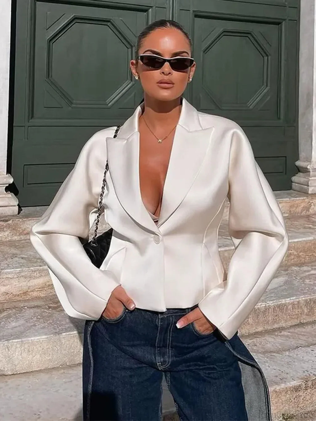 White V-Neck Blazer Short Coat