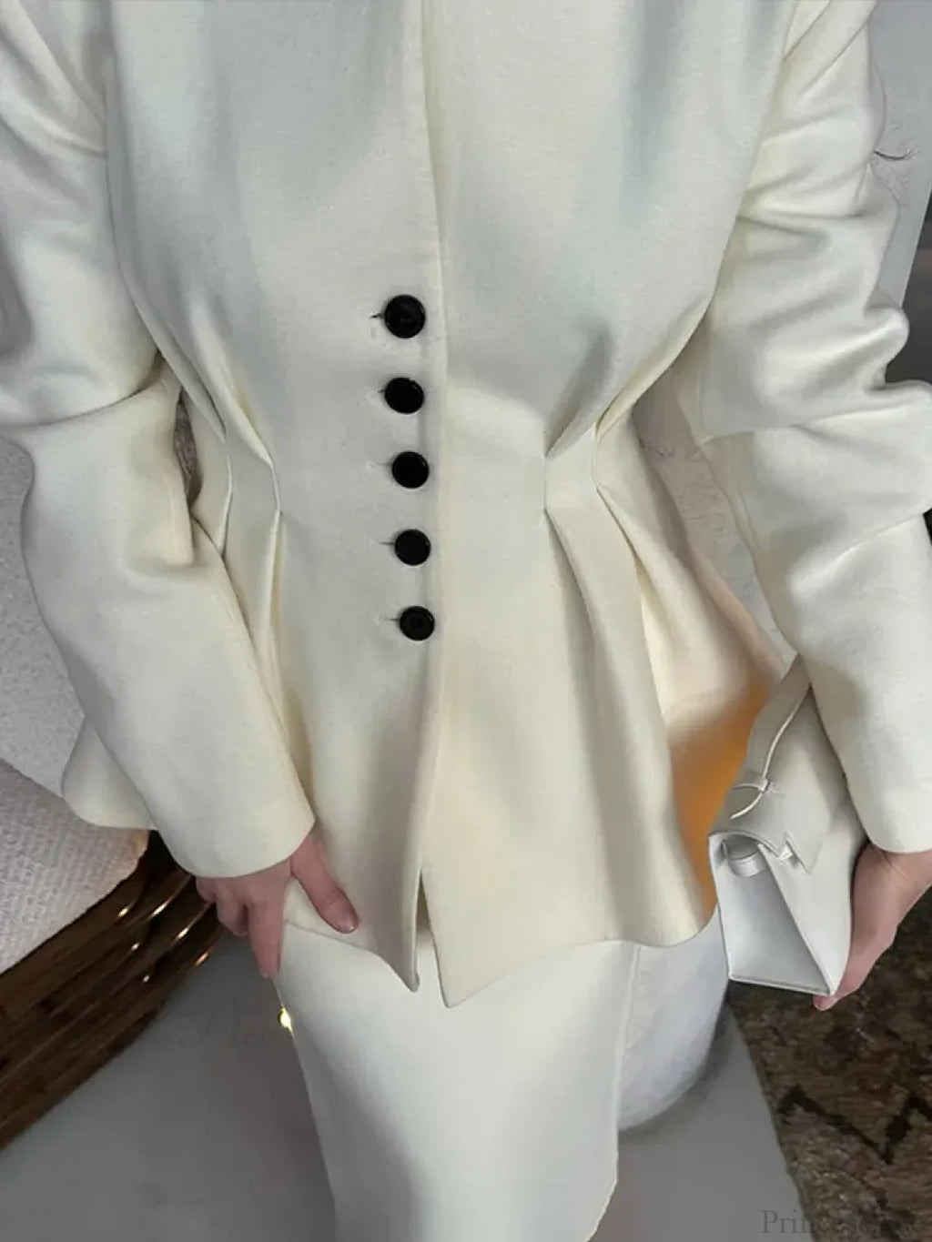 White V-Neck Pleated A-Line Coat
