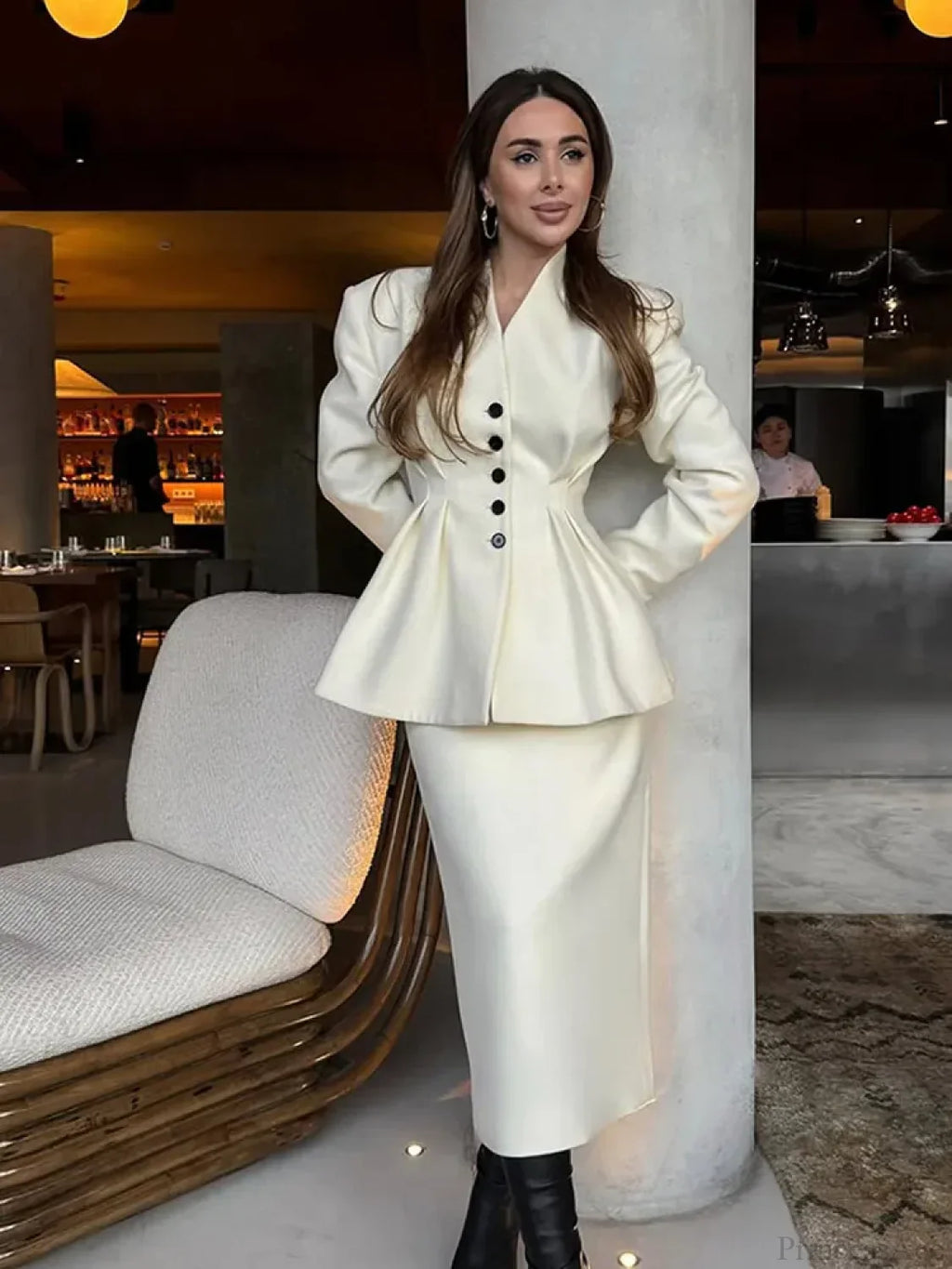 White V-Neck Pleated A-Line Coat
