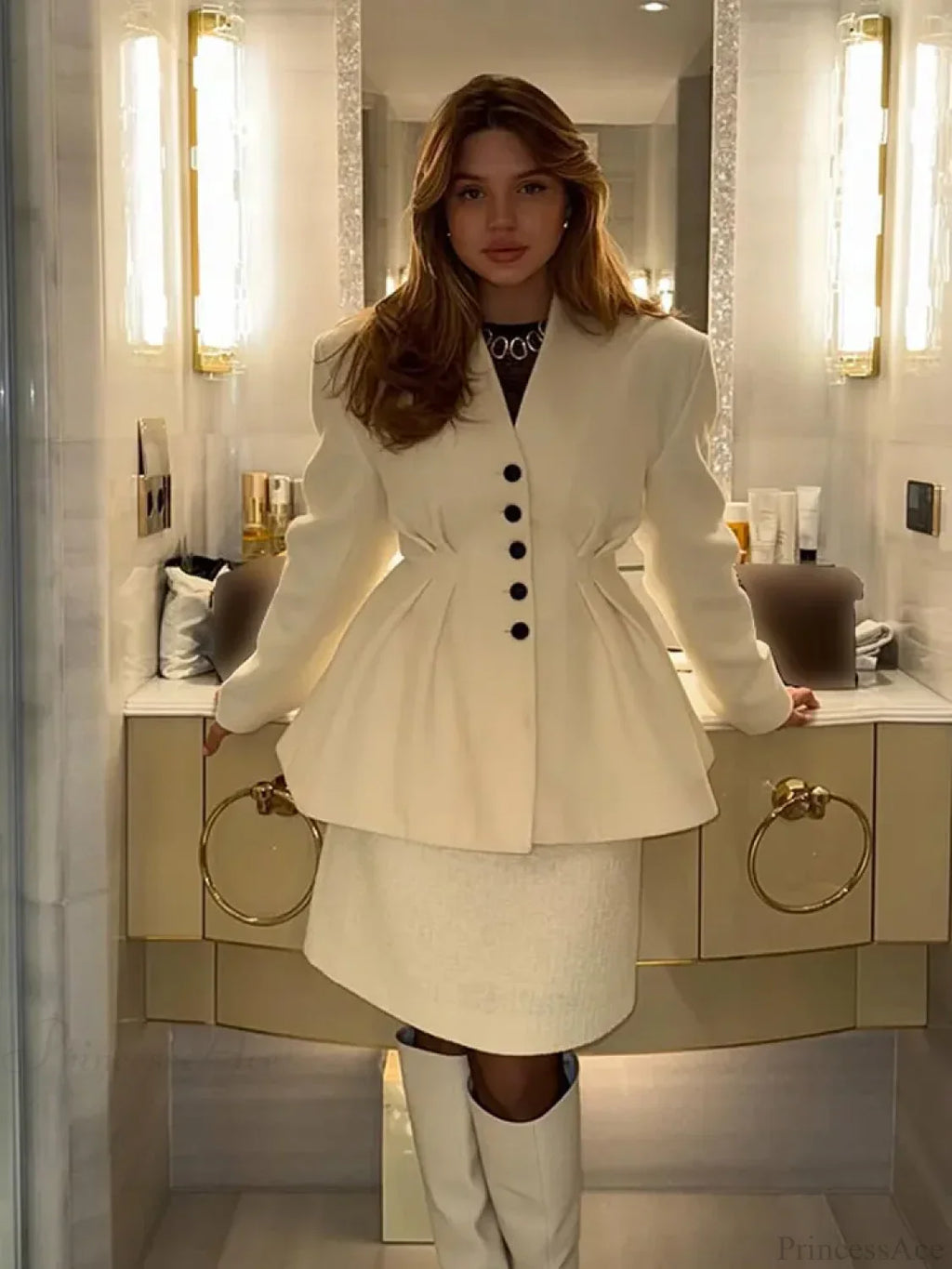 White V-Neck Pleated A-Line Coat