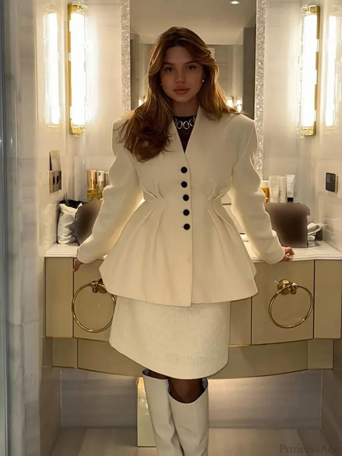 White V-Neck Pleated A-Line Coat