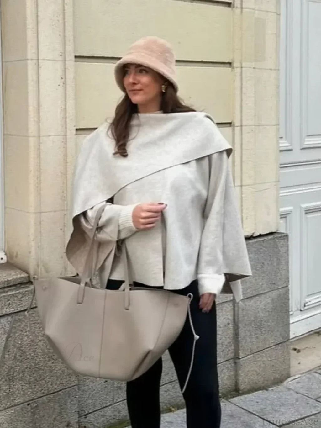 White Woolen Coat With Scarf Collar