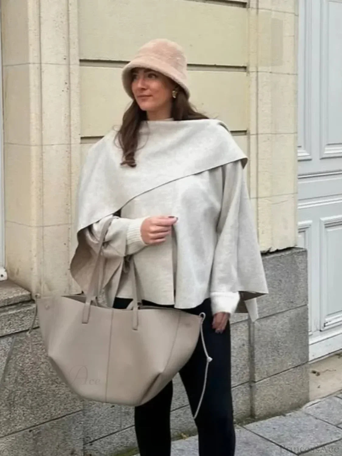 White Woolen Coat With Scarf Collar