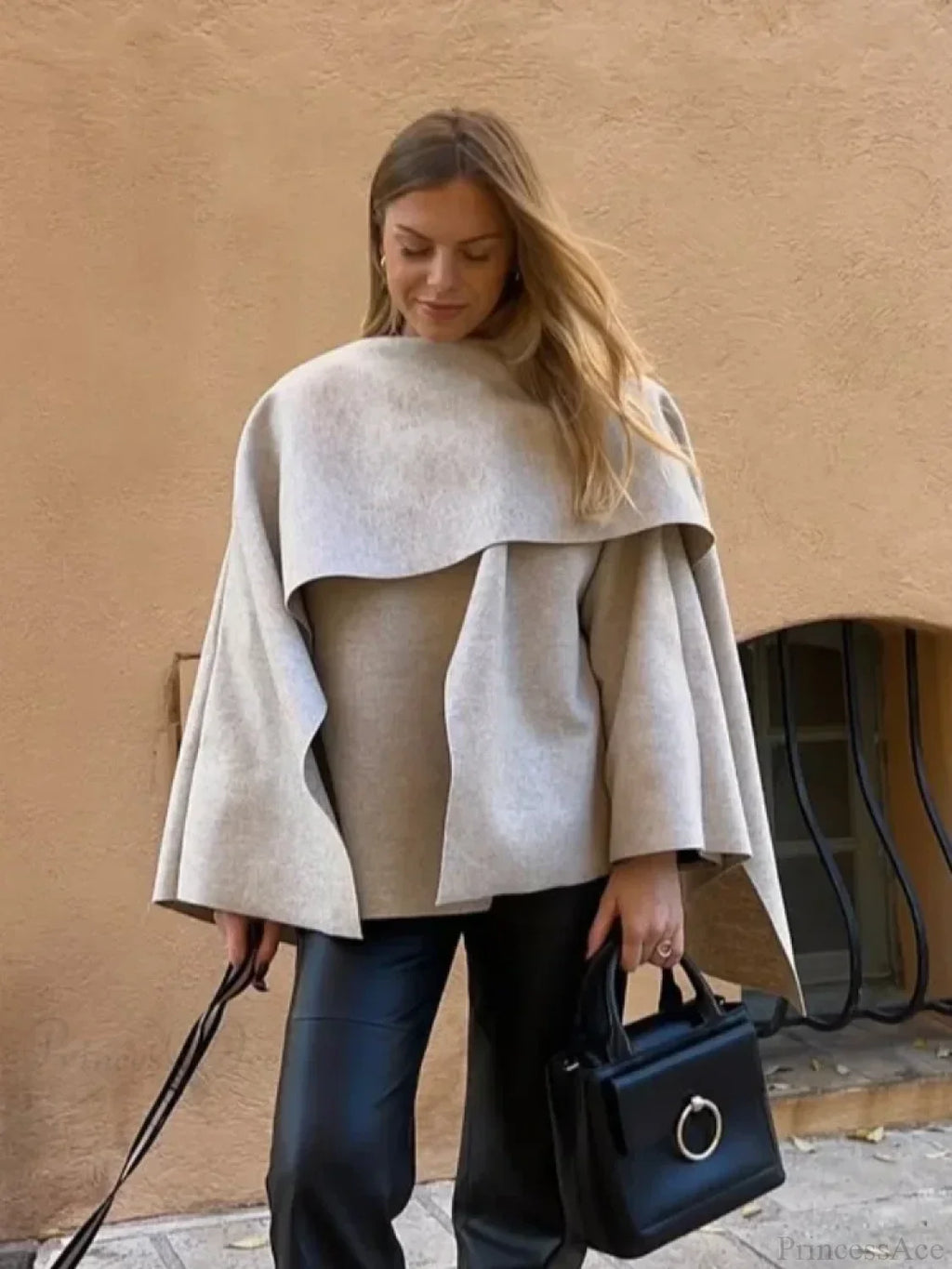 White Woolen Coat With Scarf Collar
