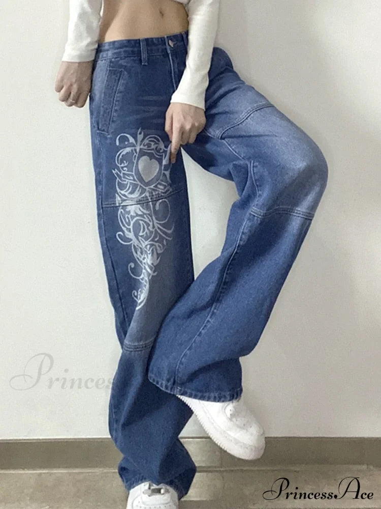 Wide Leg Oversize Y2K Patterned Baggy Winter Cargo Casual Jeans Low Autumn Waist Trousers