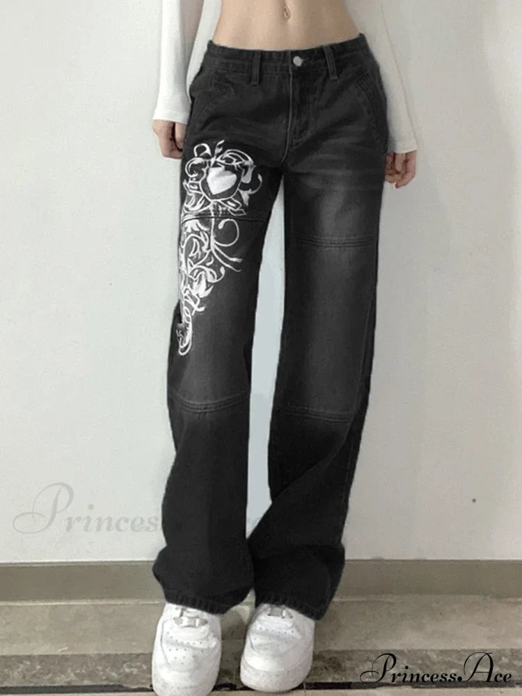 Wide Leg Oversize Y2K Patterned Baggy Winter Cargo Casual Jeans Low Autumn Waist Trousers