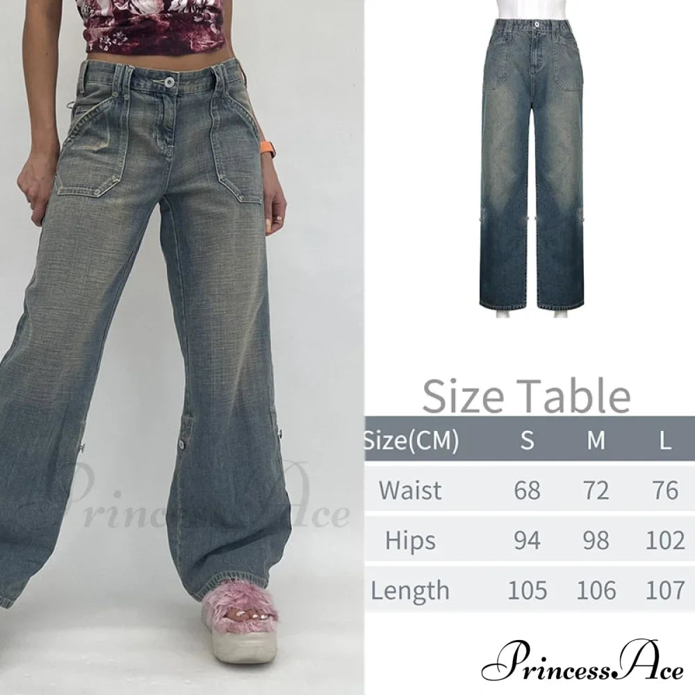 Wide Leg Oversize Y2K Patterned Baggy Winter Cargo Casual Jeans Low Autumn Waist Trousers