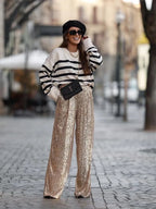 Wide Leg Pants High Waist Sequins Long