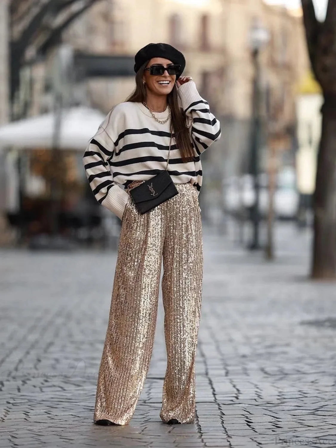 Wide Leg Pants High Waist Sequins Long